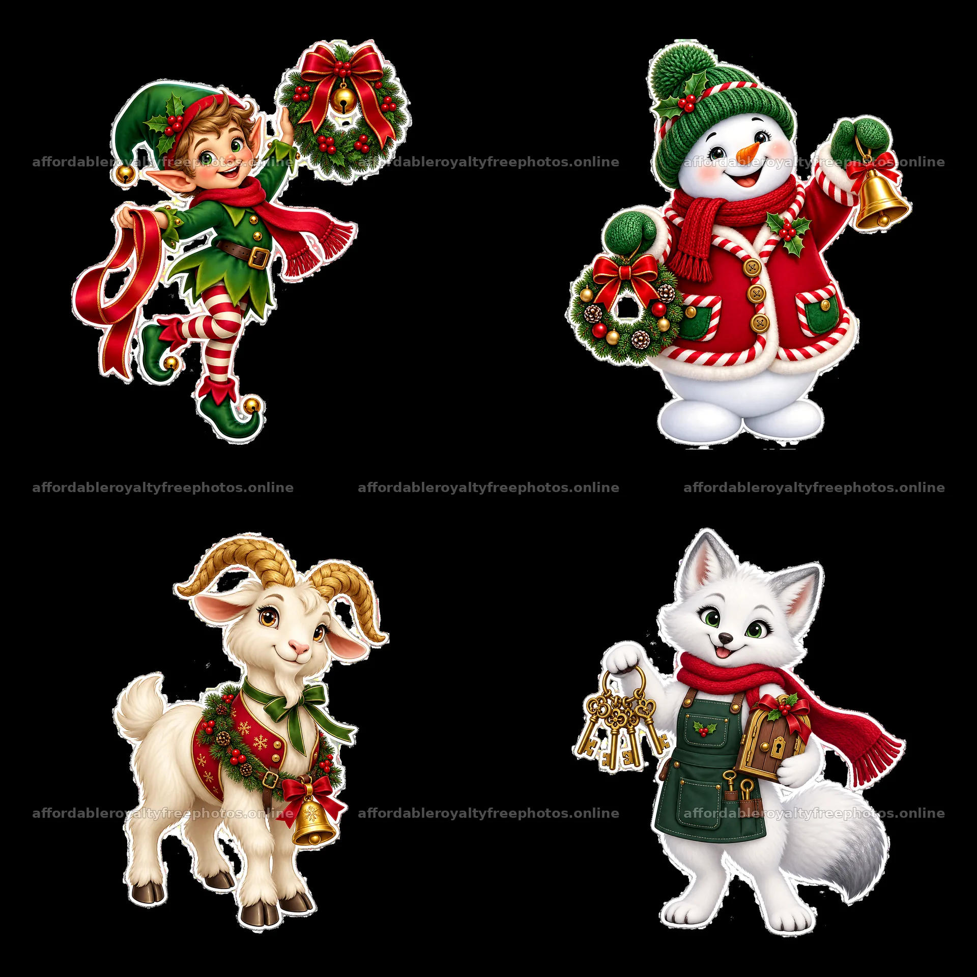 Christmas door scene with elf, snowman, goat, and white – royalty-free photos 7746x7746