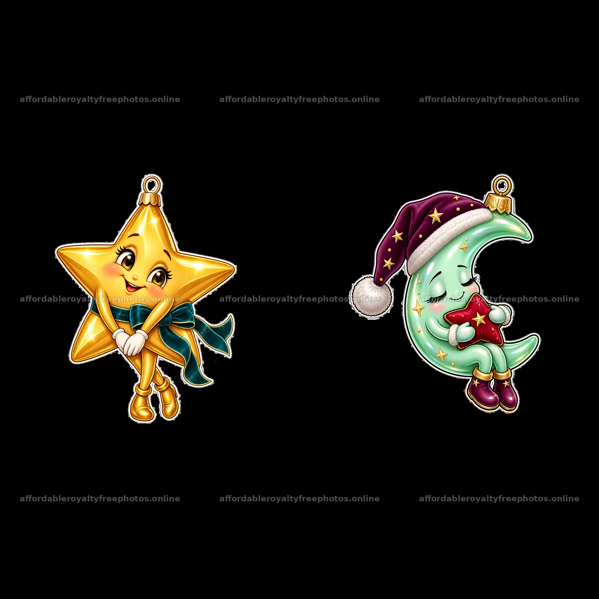 Star and moon cartoon Christmas ornaments for festive – royalty-free photos 7746x7746