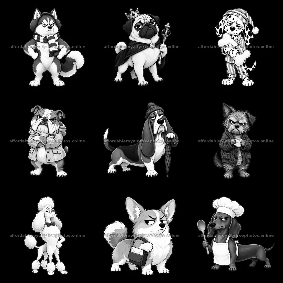 Grumpy dogs in various costumes and poses arranged in a – royalty-free photos 7746x7746