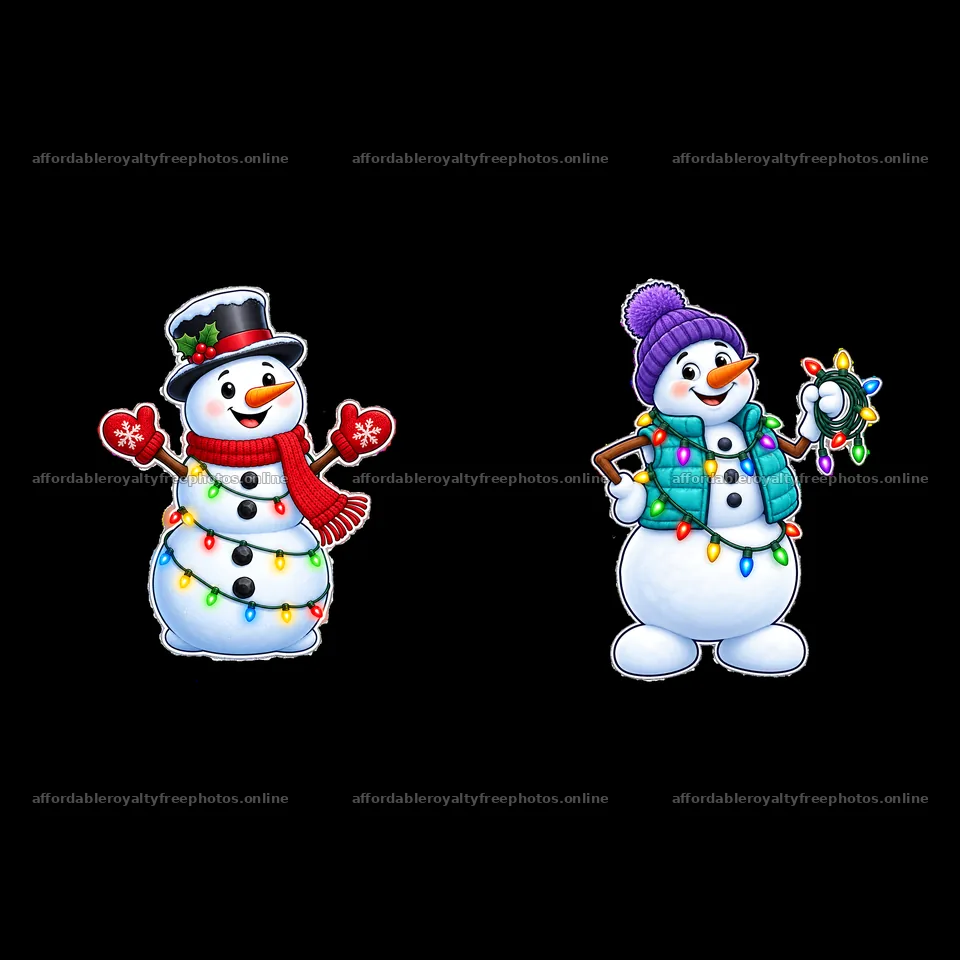 Snowman characters with string lights and winter – royalty-free photos 7746x7746