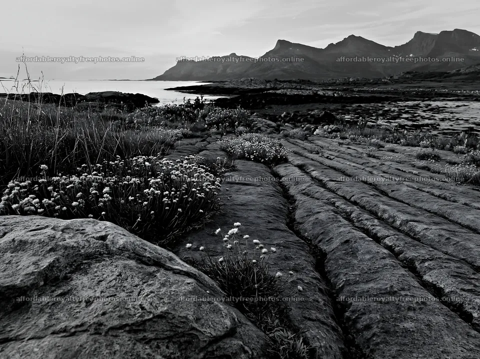 Aurora meadow coast with rocky landscape and flowers – royalty-free photos 9174x6866