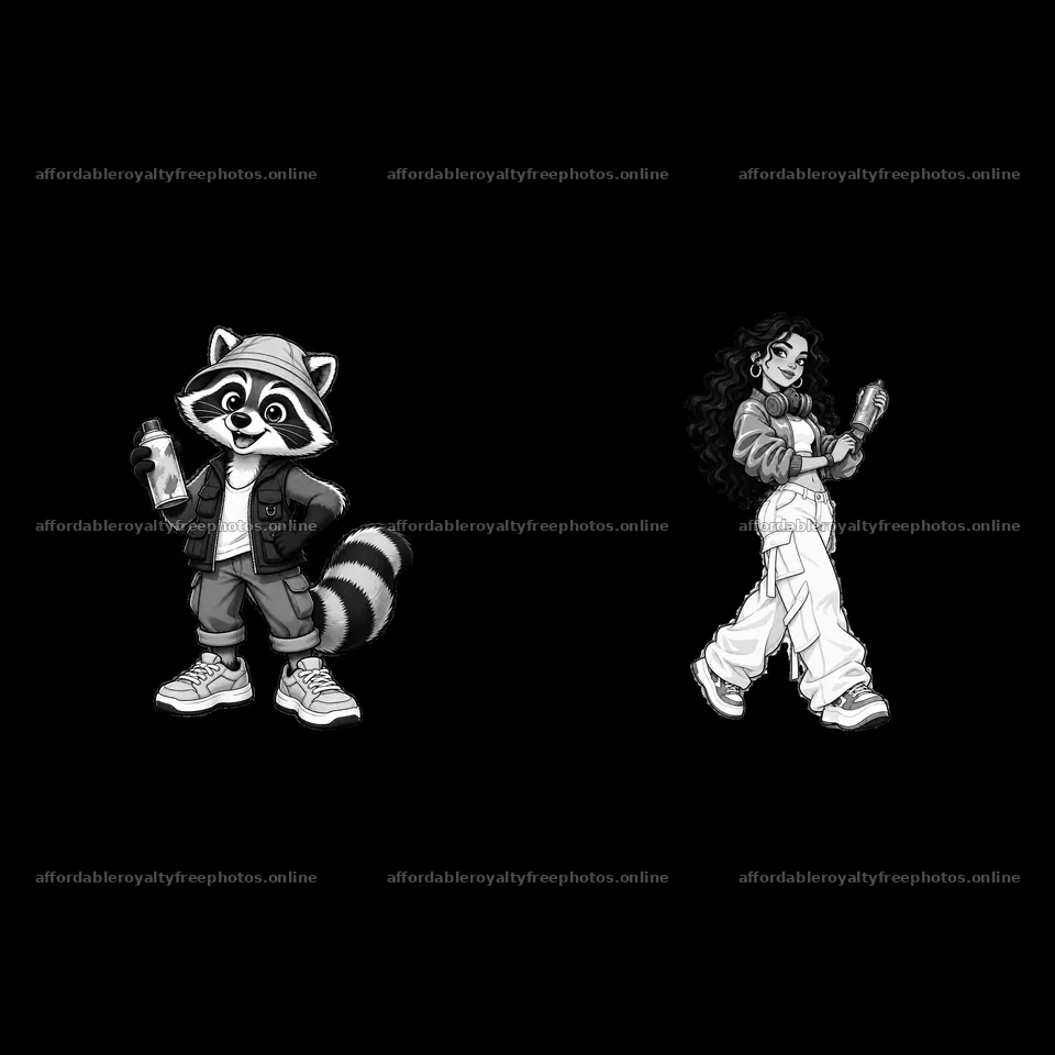 Cool graffiti sprayer raccoon and stylish girl holding – royalty-free photos 7746x7746