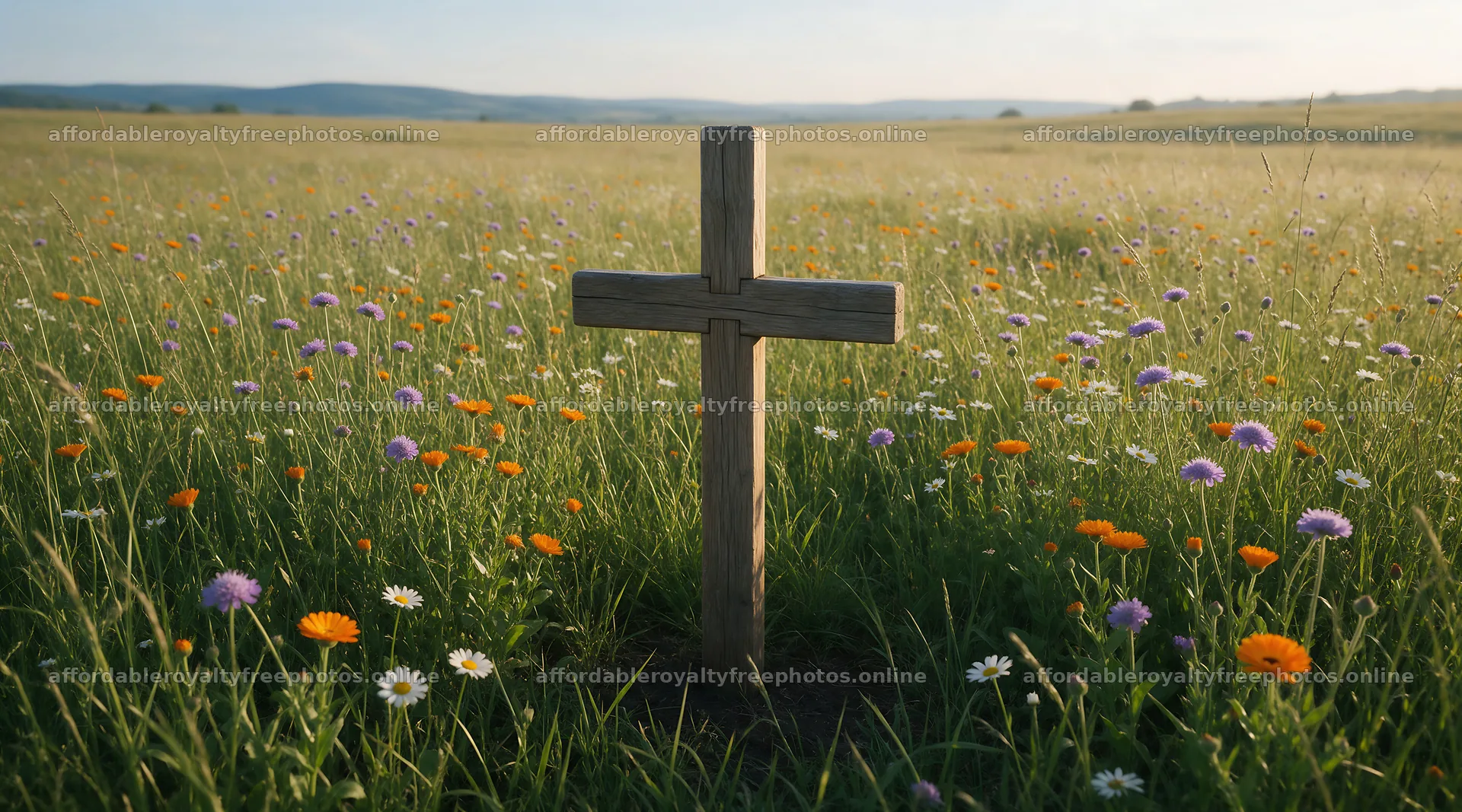 Wooden Christian cross in a meadow at sunrise – royalty-free photos 10648x5916