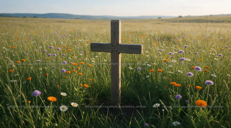 Wooden Christian cross in a meadow at sunrise – royalty-free photos 10648x5916