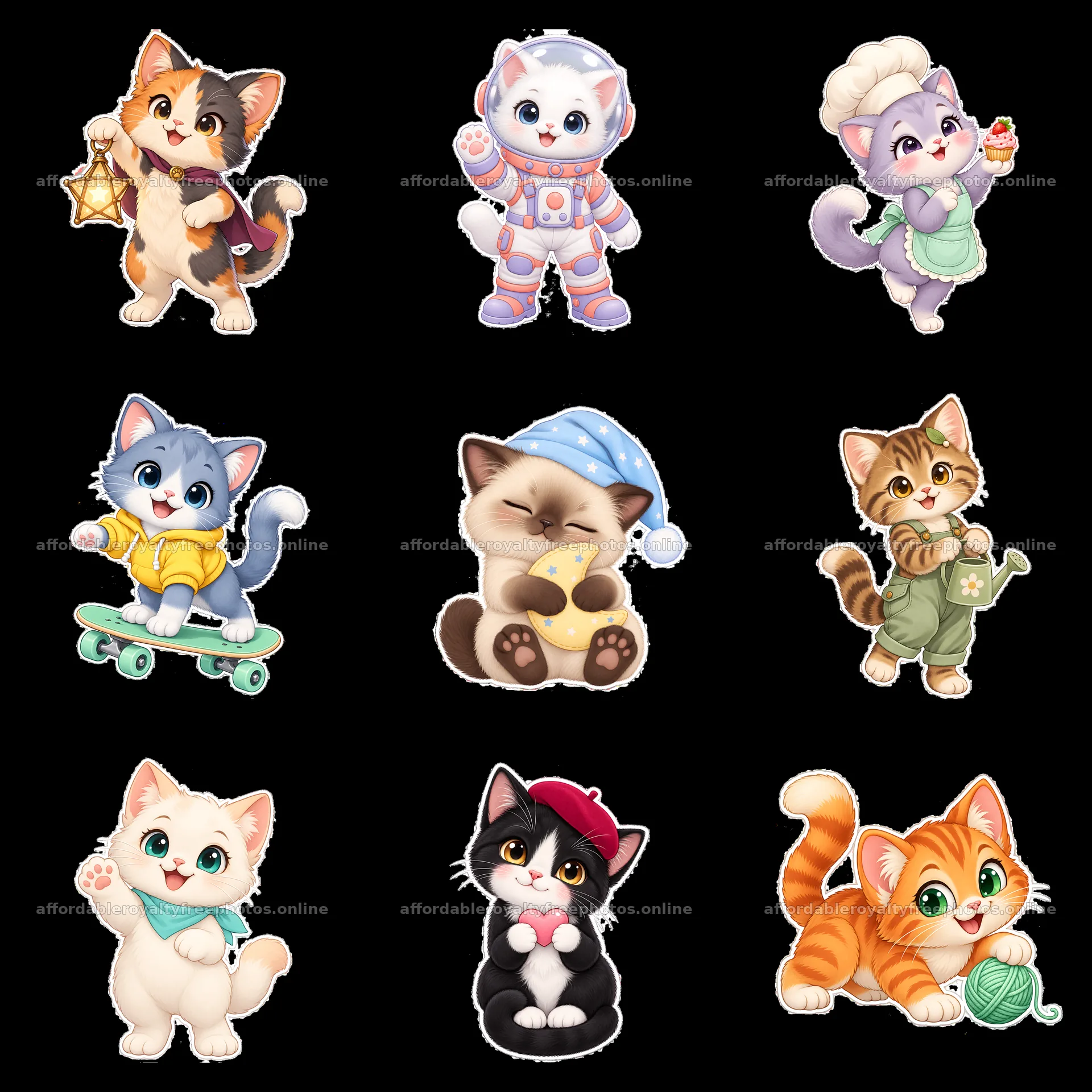 Cute kawaii cats in various playful activities in a grid – royalty-free photos 7746x7746