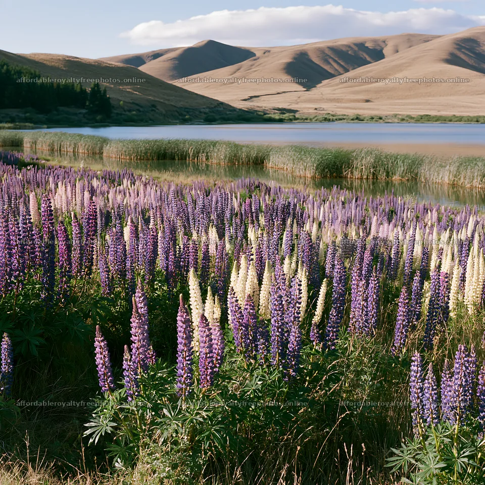 Lupine meadow at Lake Tekapo with mountains in background – royalty-free photos 7938x7938