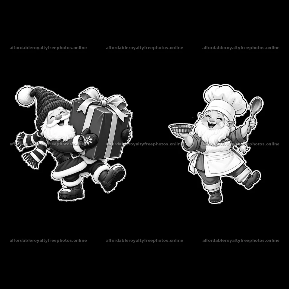 Two gnomes holding a gift and baking in a kitchen scene – royalty-free photos 7746x7746