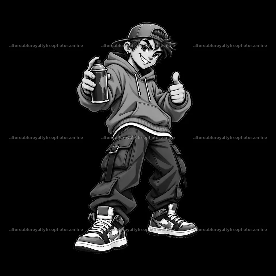 Cool graffiti sprayer holding a spray can with thumbs up – royalty-free photos 7746x7746