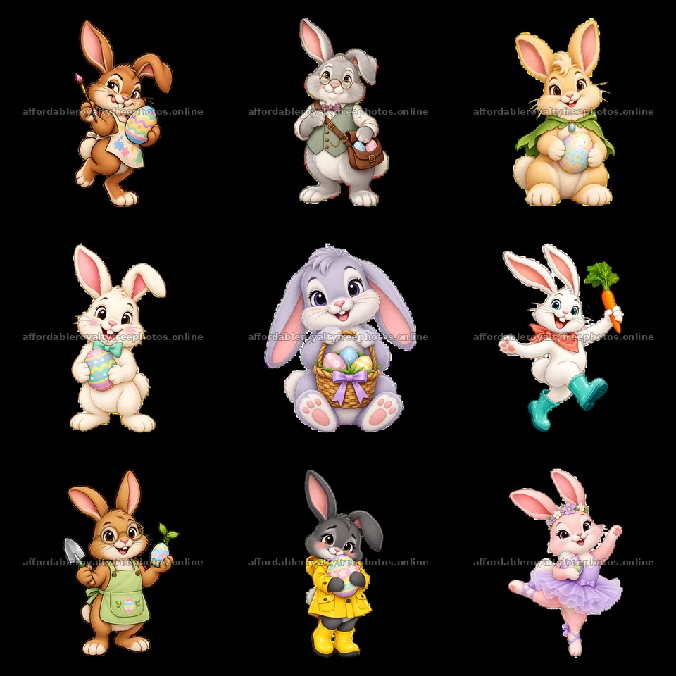 Colorful Easter bunnies with eggs and accessories in a – royalty-free photos 7746x7746