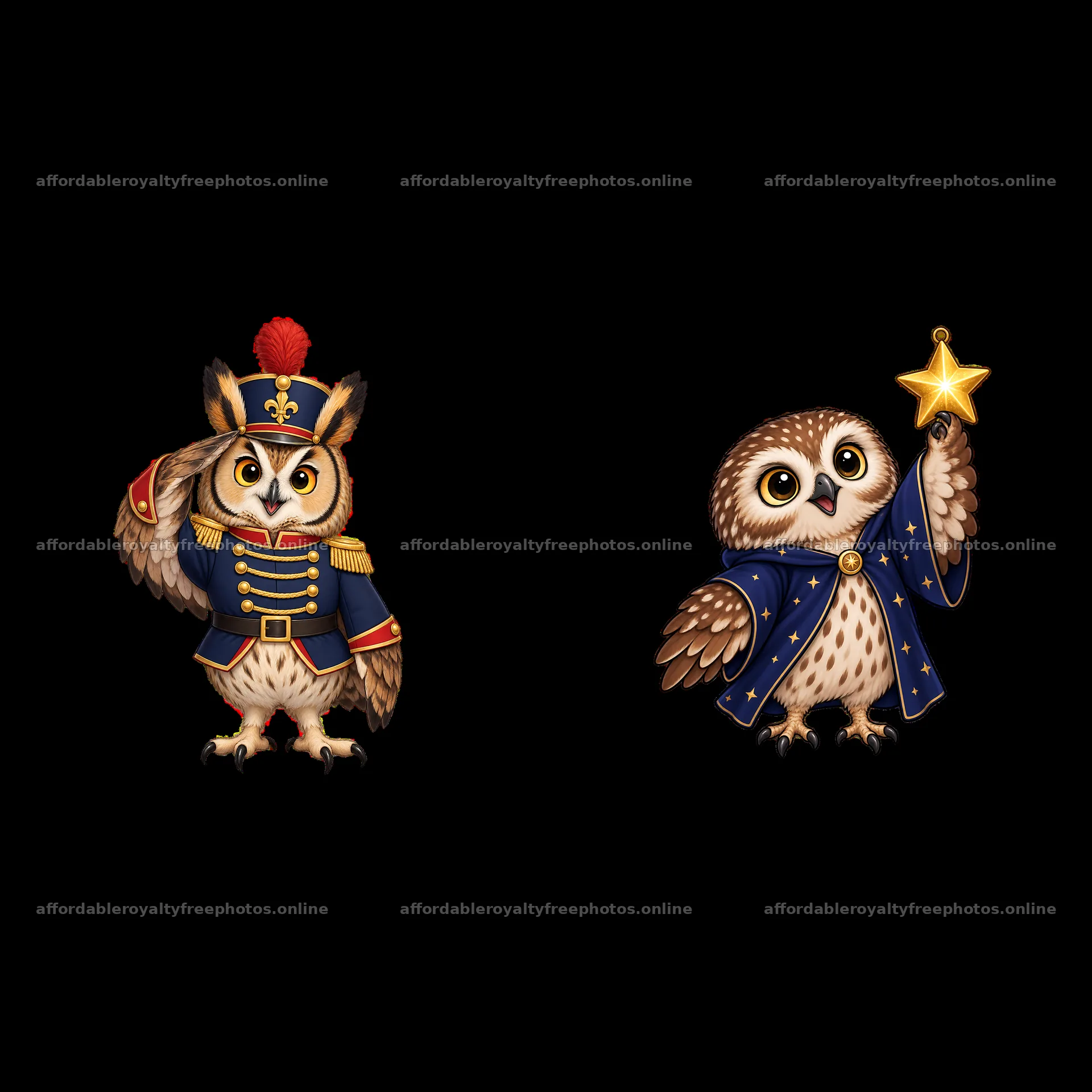 Christmas owls with a holiday theme in festive outfits – royalty-free photos 7746x7746