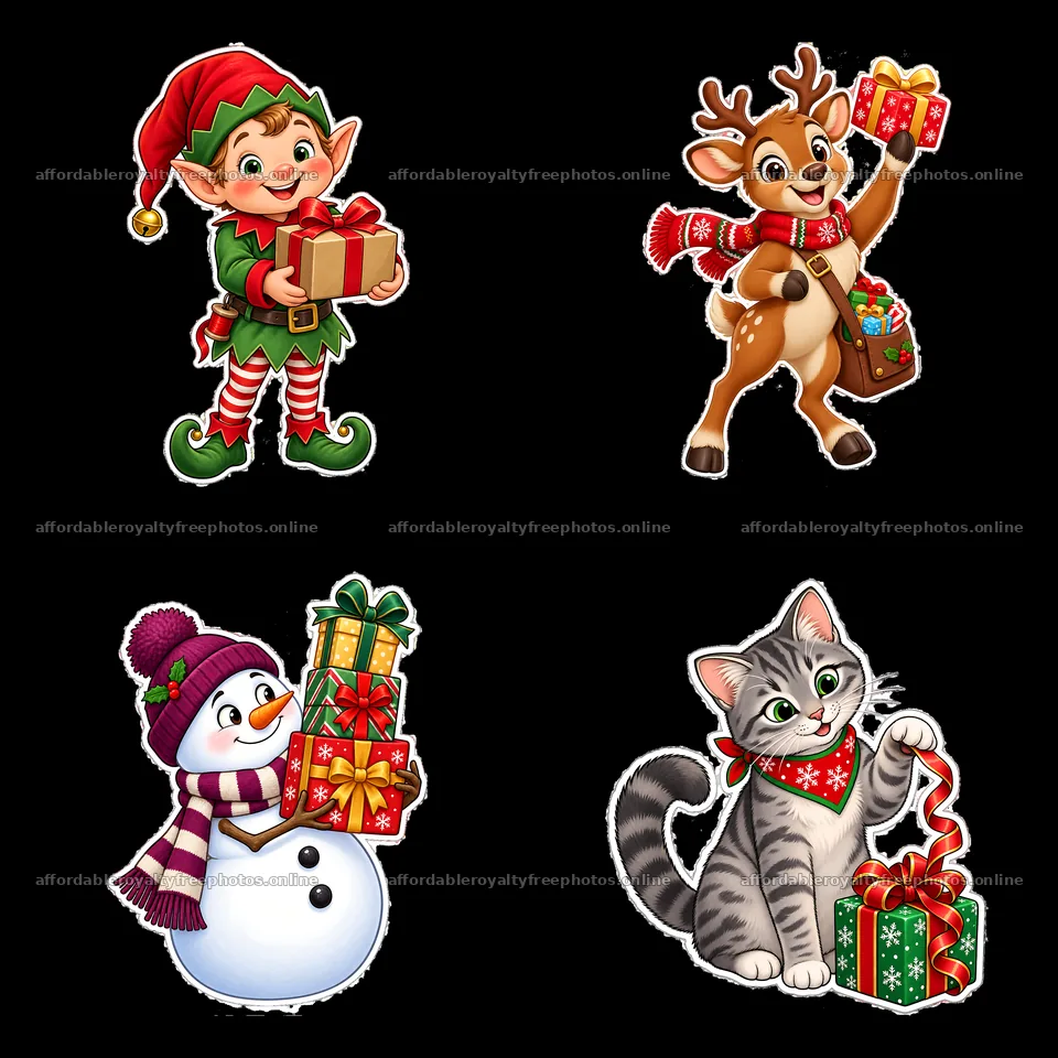 Christmas characters with gifts in a 2x2 layout – royalty-free photos 7746x7746