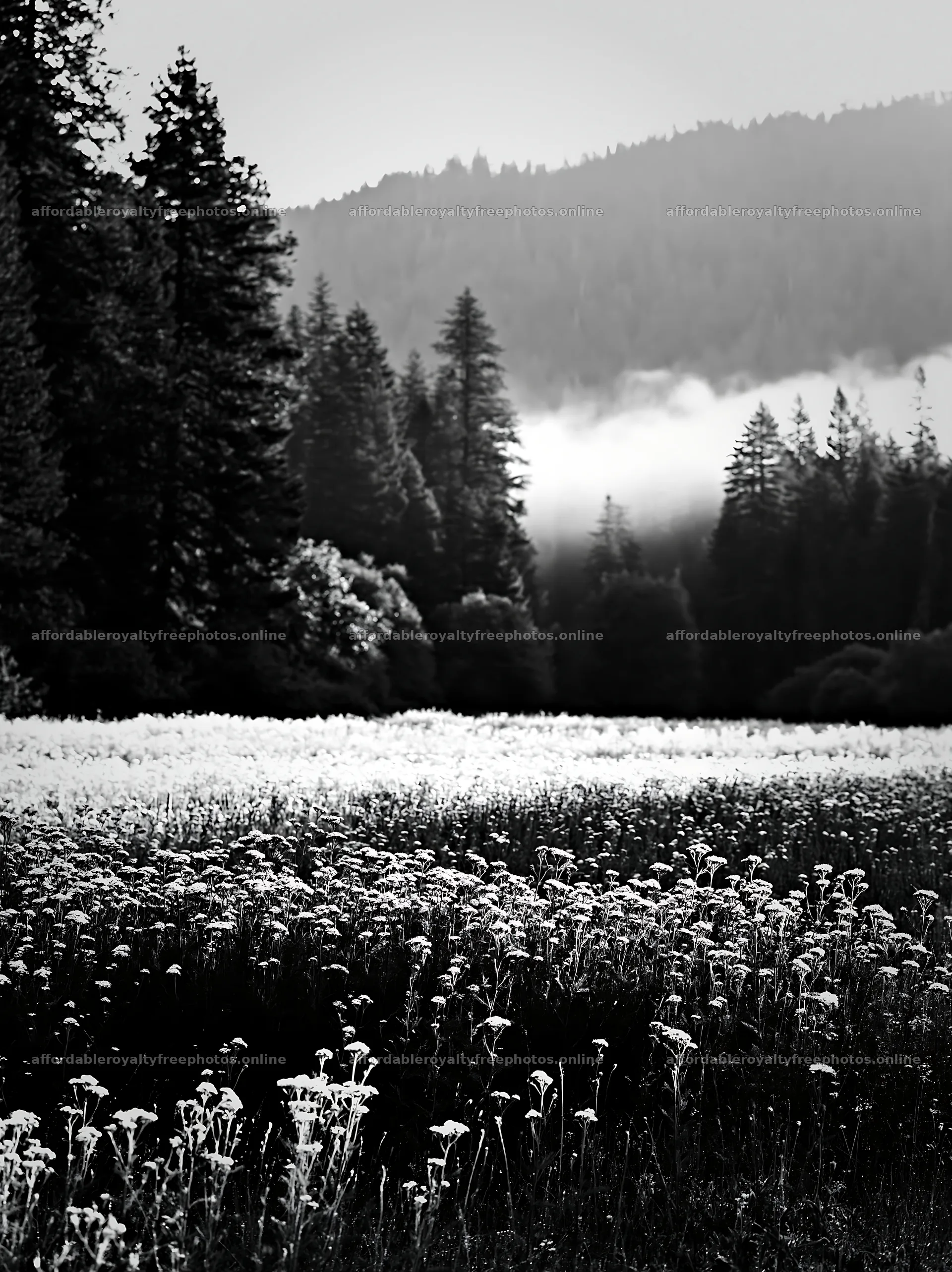 Yarrow meadow bloom with trees and morning mist – royalty-free photos 6866x9174