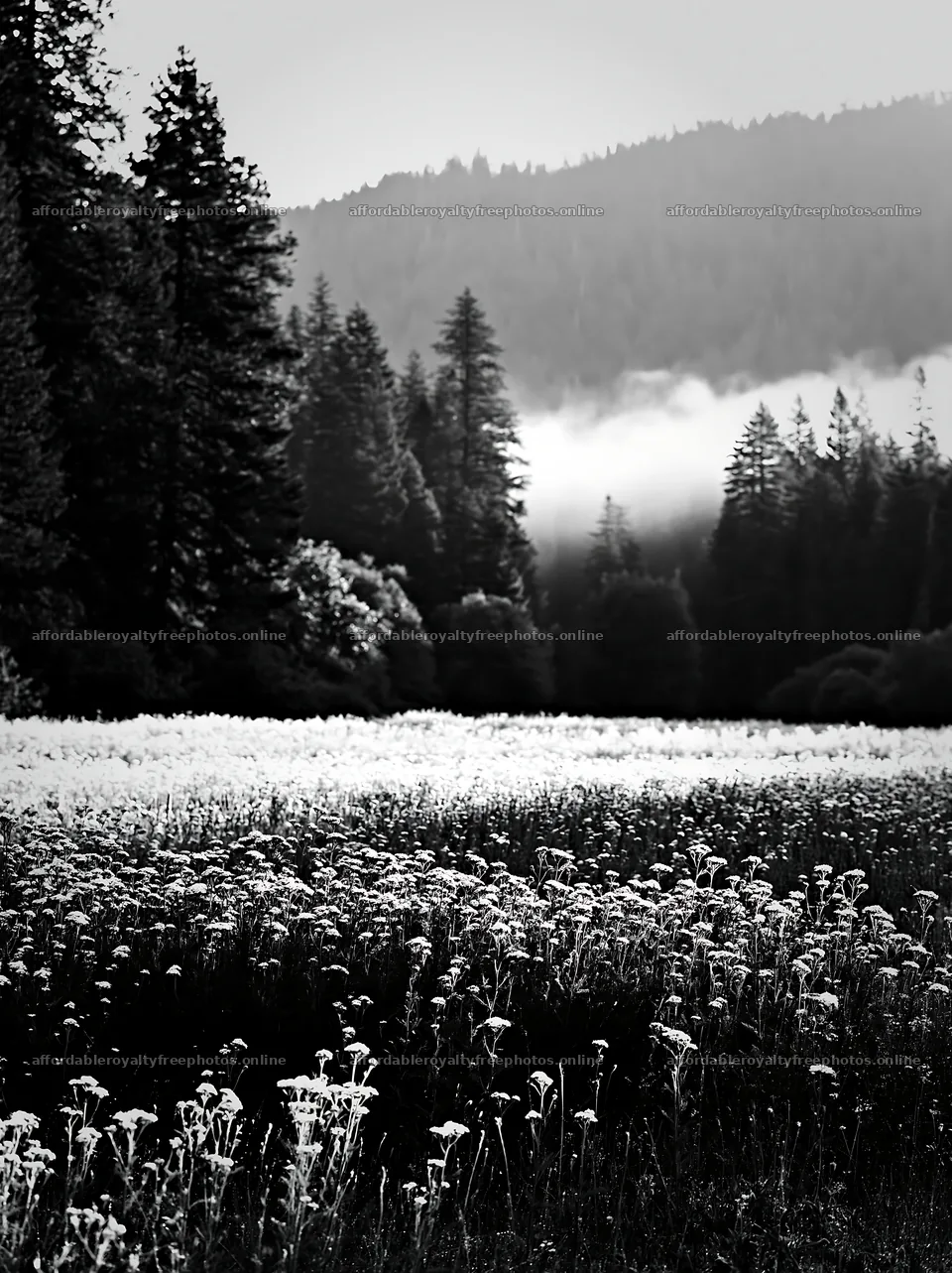 Yarrow meadow bloom with trees and morning mist – royalty-free photos 6866x9174