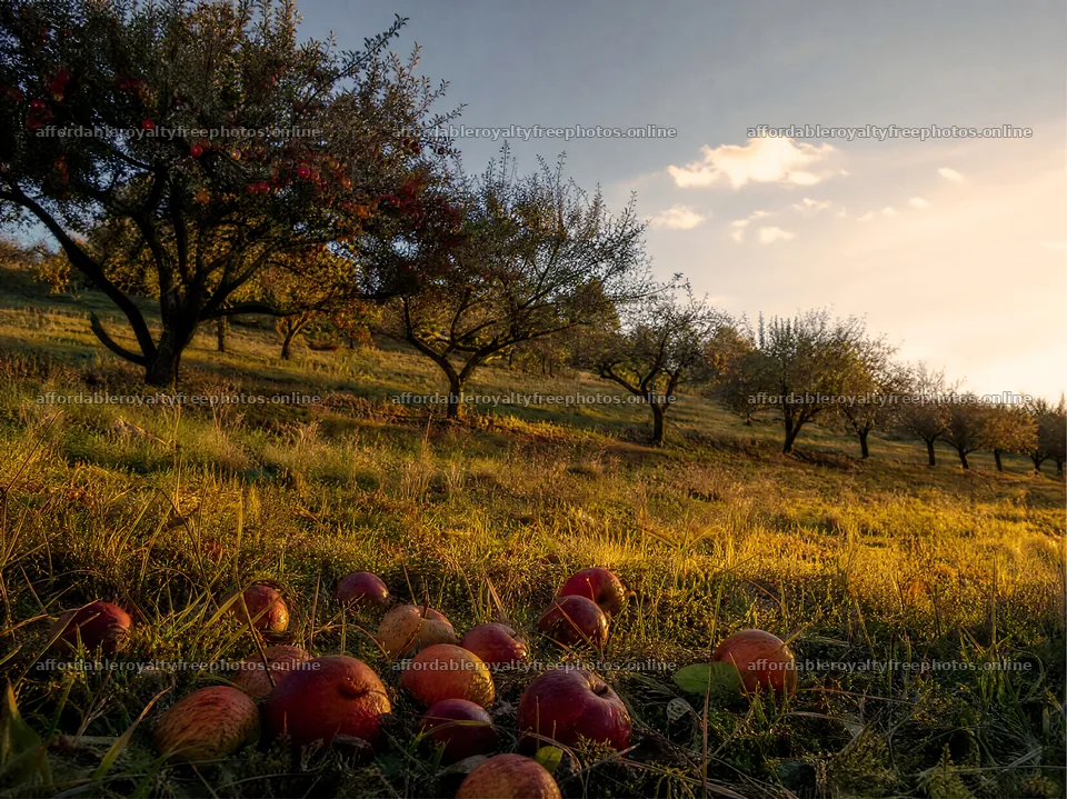 Hillside apple meadow with fallen apples at sunset – royalty-free photos 9172x6868
