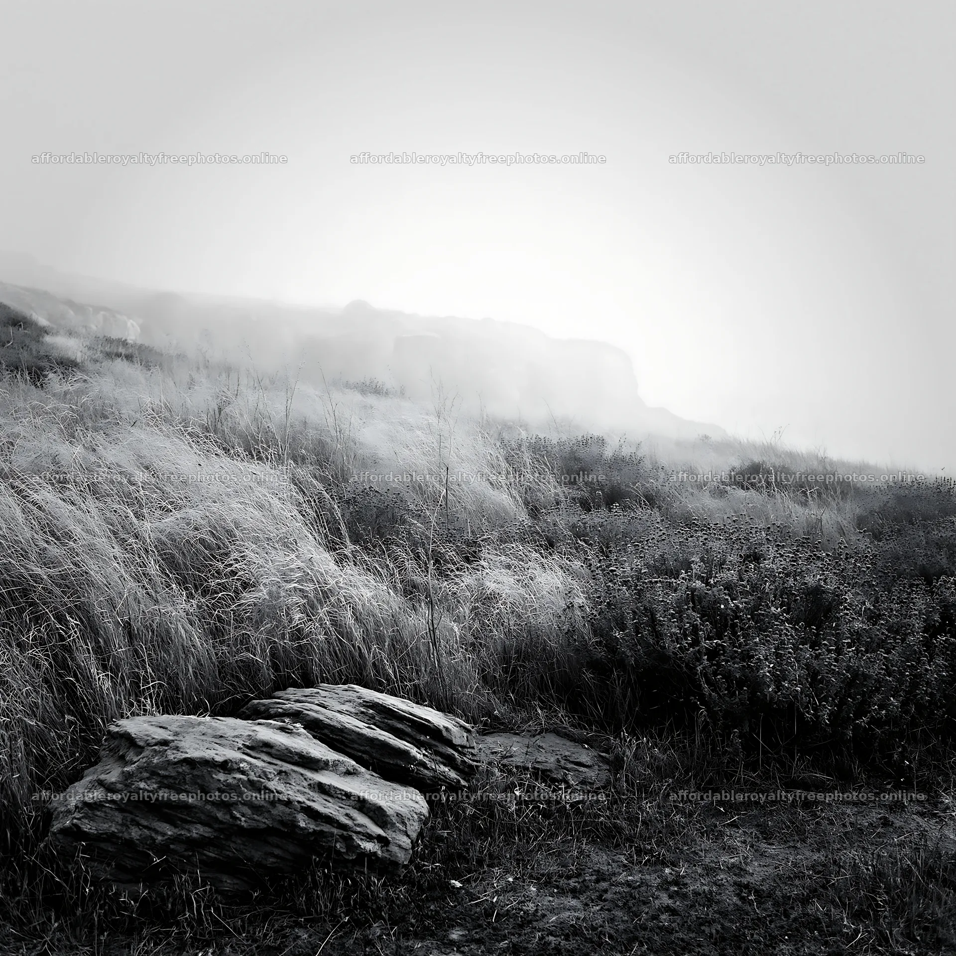 Drought-tolerant meadow with rocky formations and fog – royalty-free photos 7938x7938