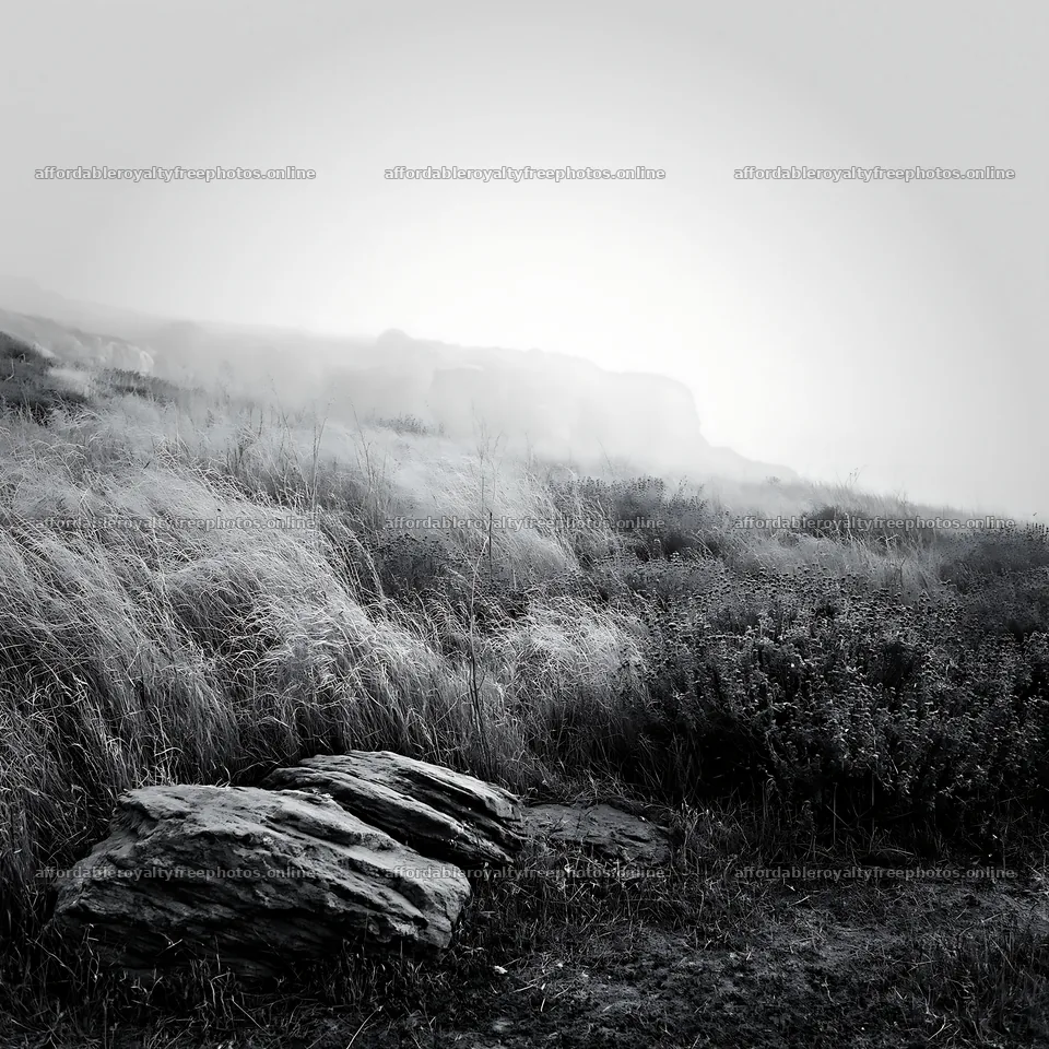 Drought-tolerant meadow with rocky formations and fog – royalty-free photos 7938x7938