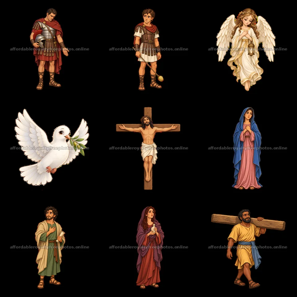 Jesus on the cross with characters from biblical scenes – royalty-free photos 7746x7746