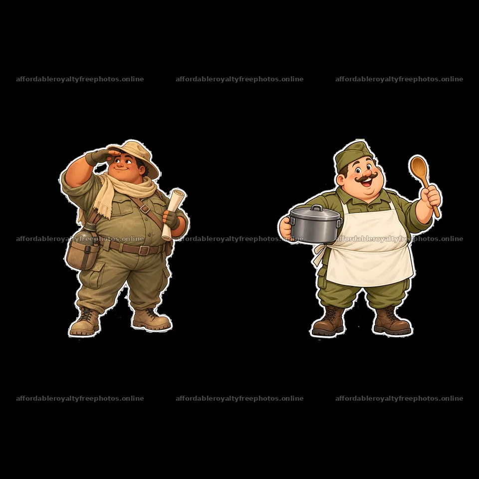 Cute ultra-chubby soldier duo characters with cooking – royalty-free photos 7746x7746