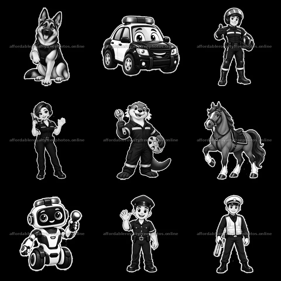 Cartoon police characters and vehicles in black and – royalty-free photos 7746x7746