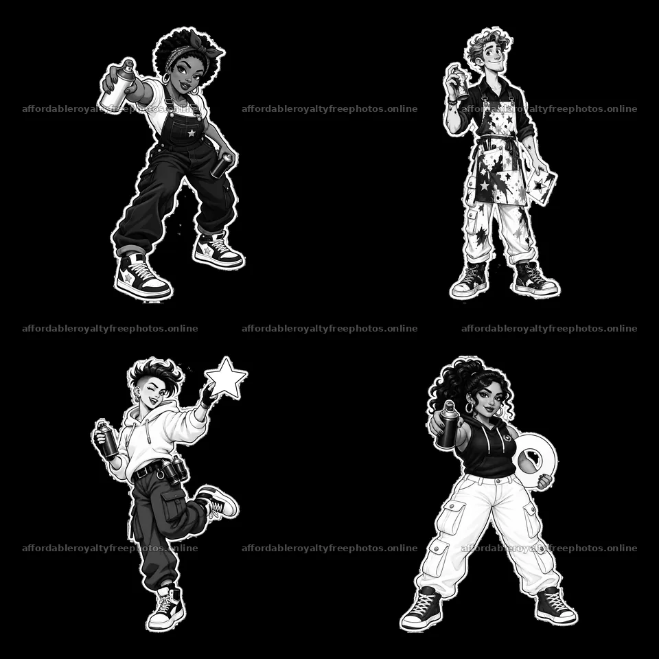 Patriotic graffiti sprayers in monochrome illustration – royalty-free photos 7746x7746