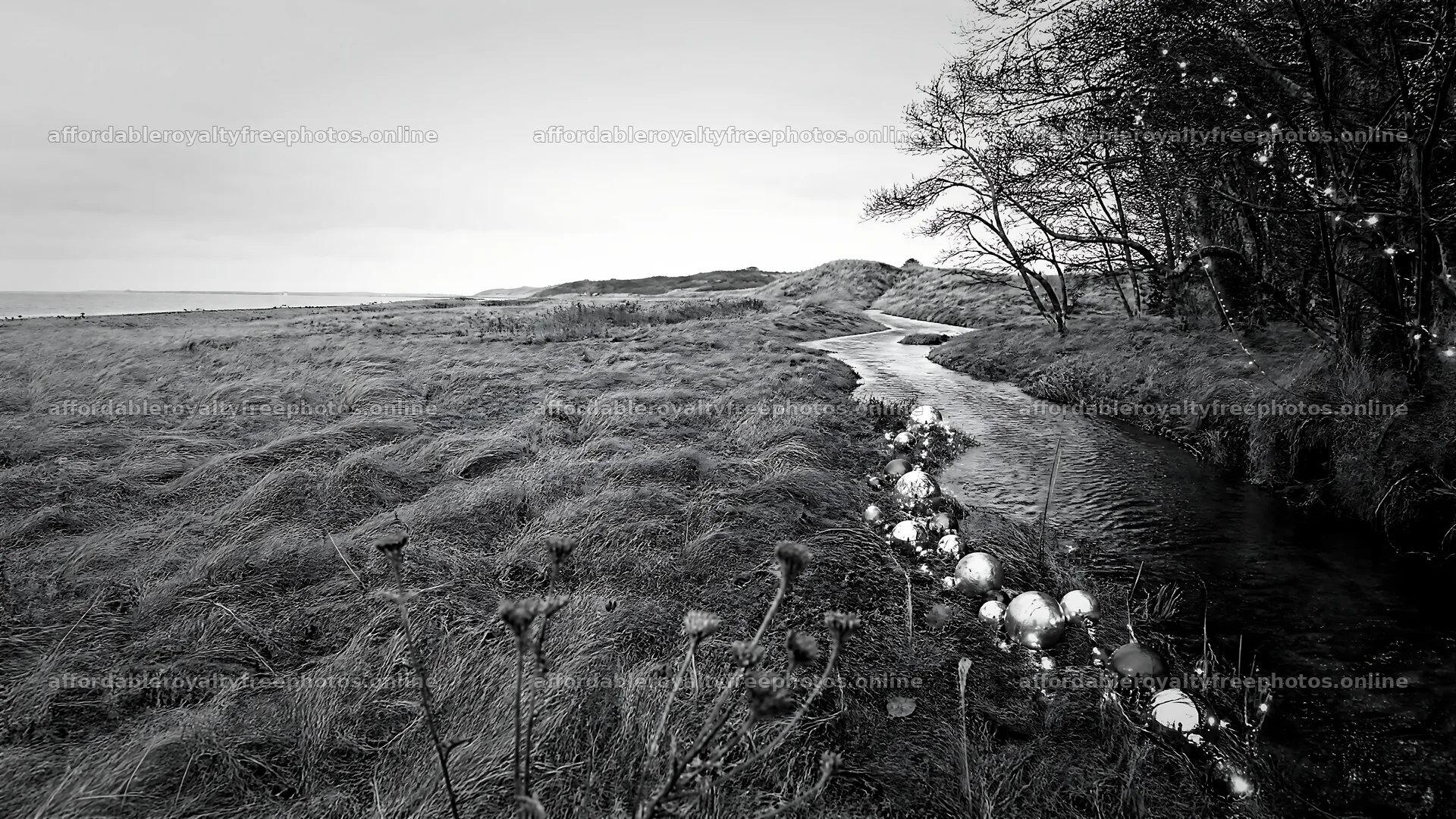 Christmas ornaments along a stream in a meadow – royalty-free photos 10584x5952