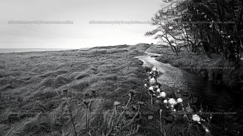 Christmas ornaments along a stream in a meadow – royalty-free photos 10584x5952