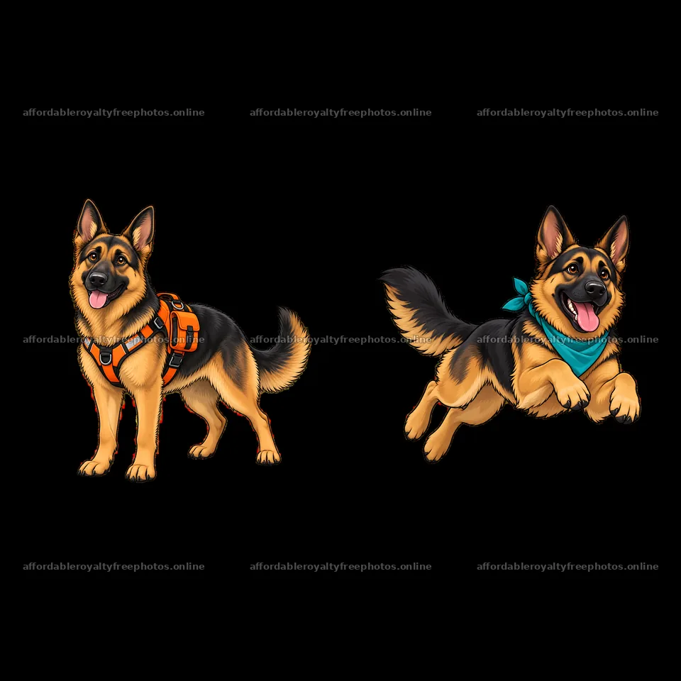 Dynamic German Shepherd dog portraits in playful poses – royalty-free photos 7746x7746