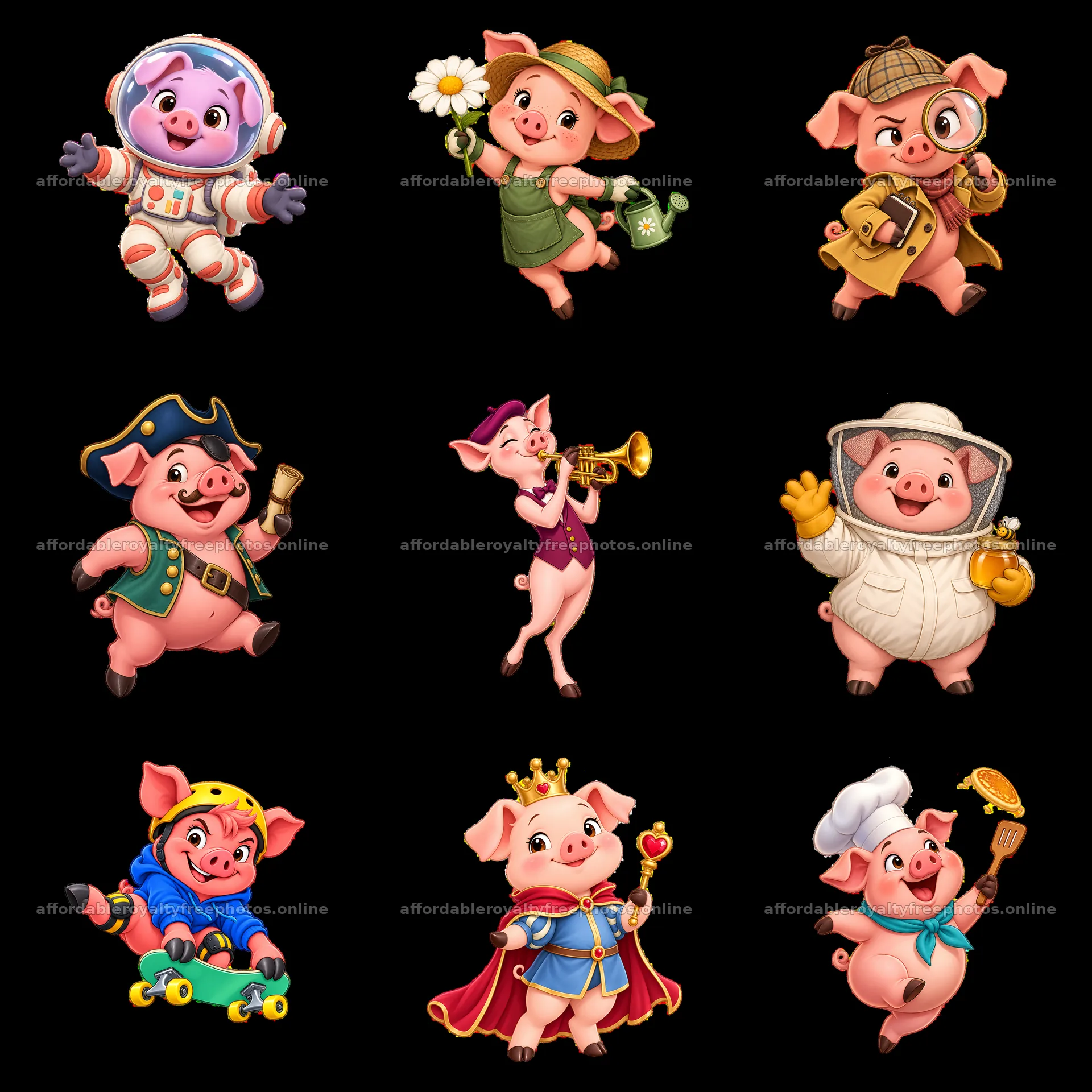 Cartoon pig characters in various fun costumes and – royalty-free photos 7746x7746