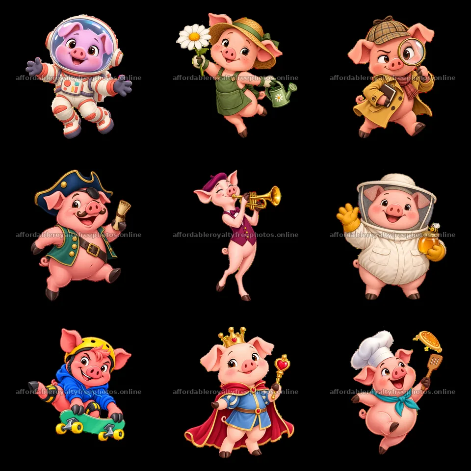 Cartoon pig characters in various fun costumes and – royalty-free photos 7746x7746