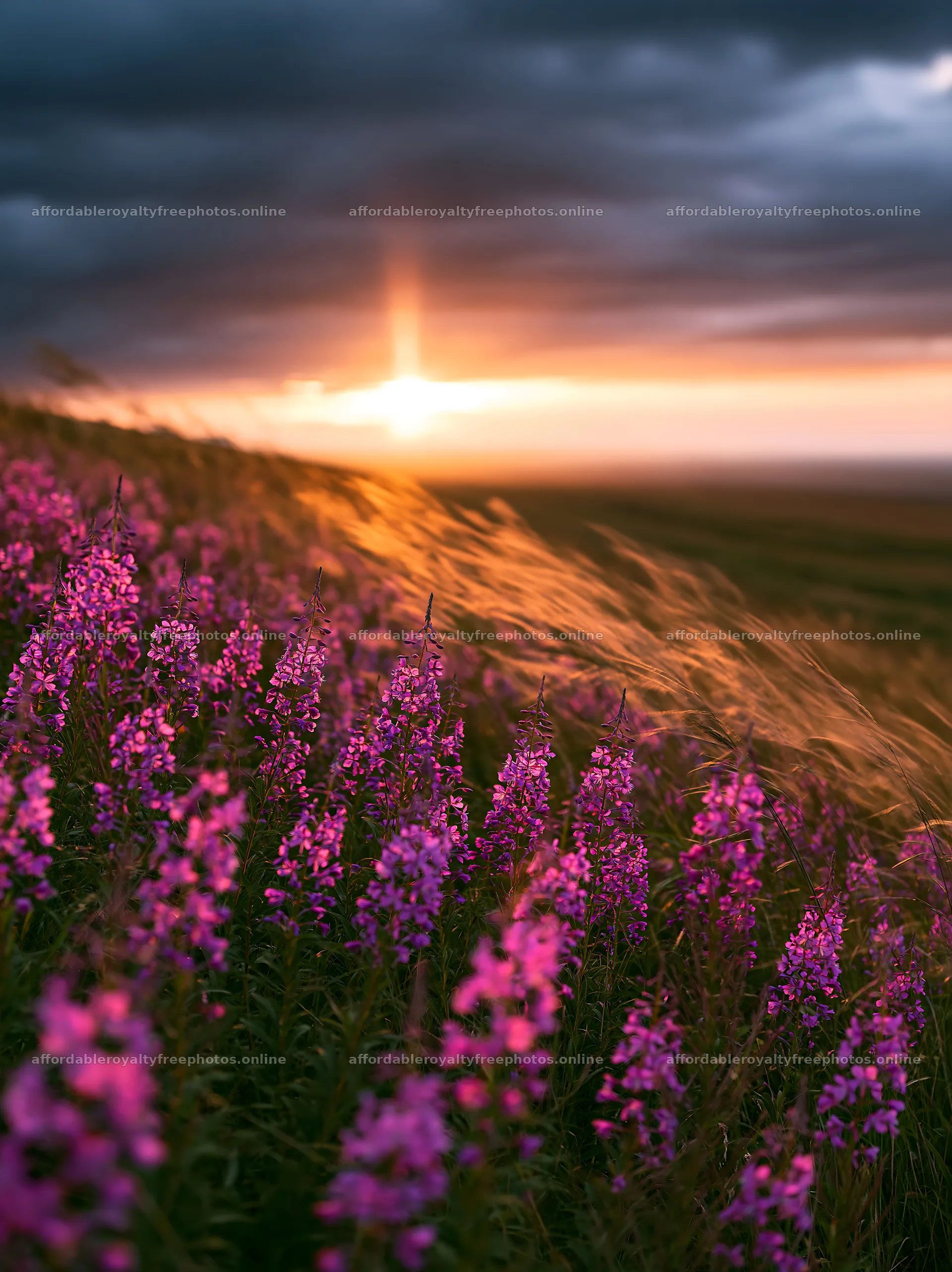 Fireweed meadow at sunset with golden rays – royalty-free photos 6866x9174