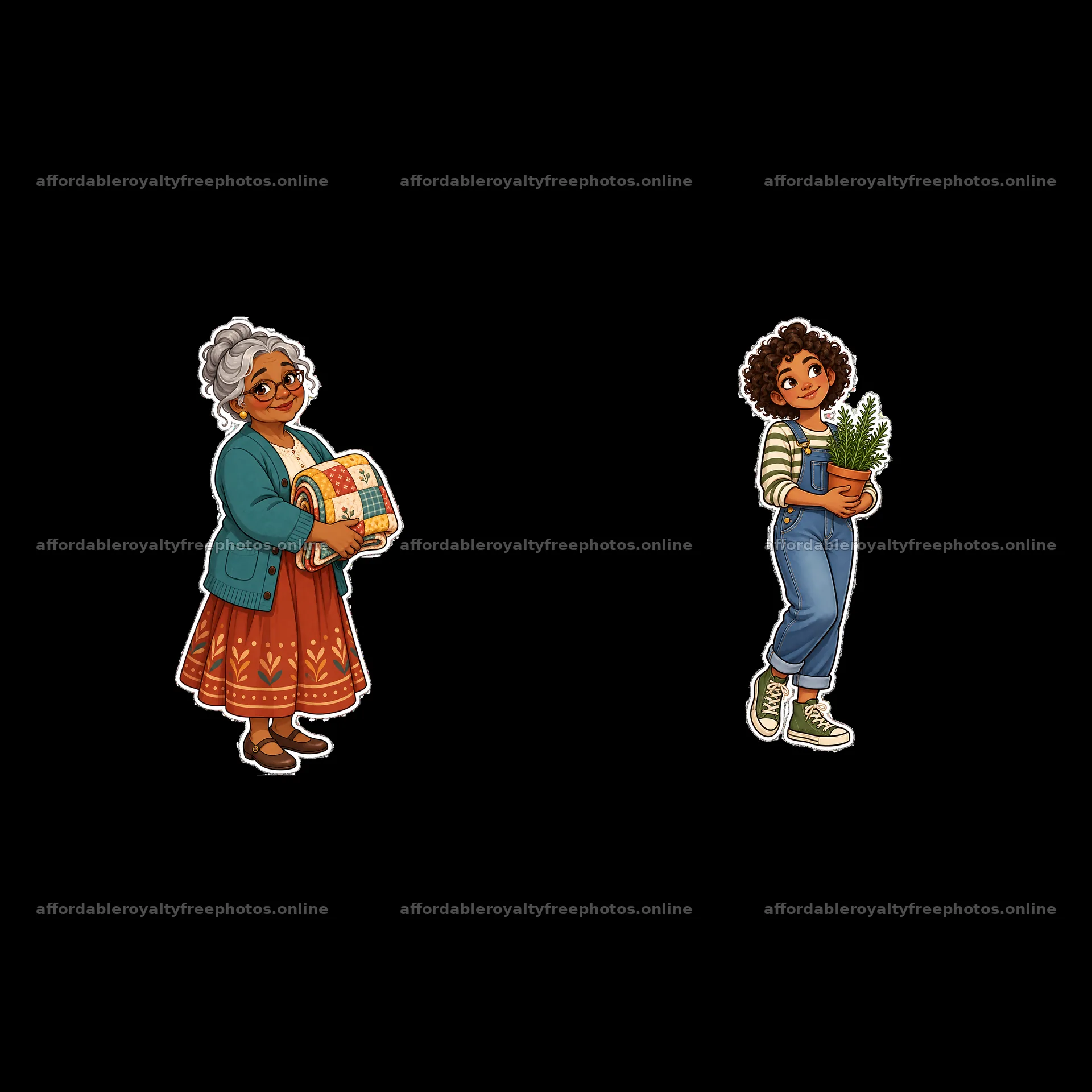 Traditional family members carrying plants and a blanket – royalty-free photos 7746x7746