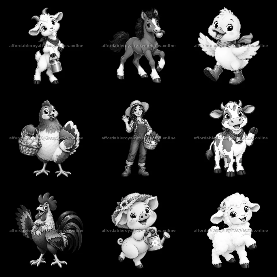 Farm animals and farmer in a black-and-white cartoon – royalty-free photos 7746x7746