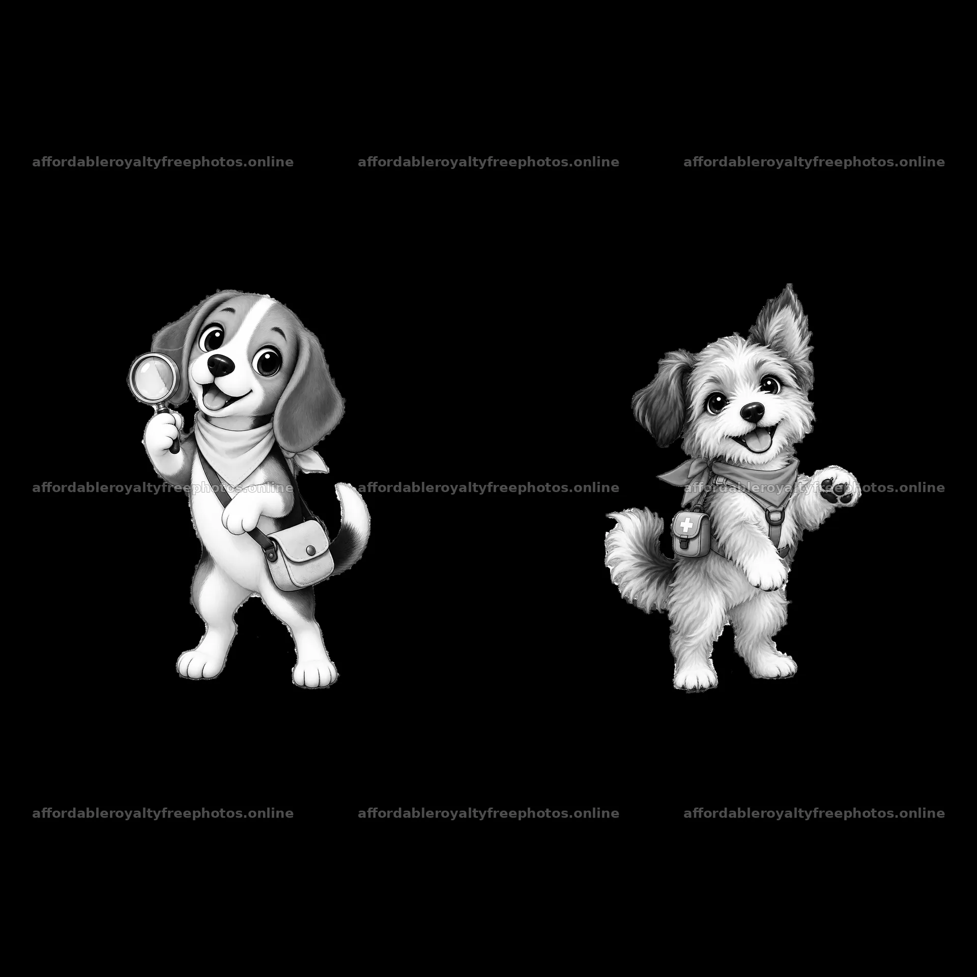 Cute K-9 dogs with accessories in monochrome illustration – royalty-free photos 7746x7746