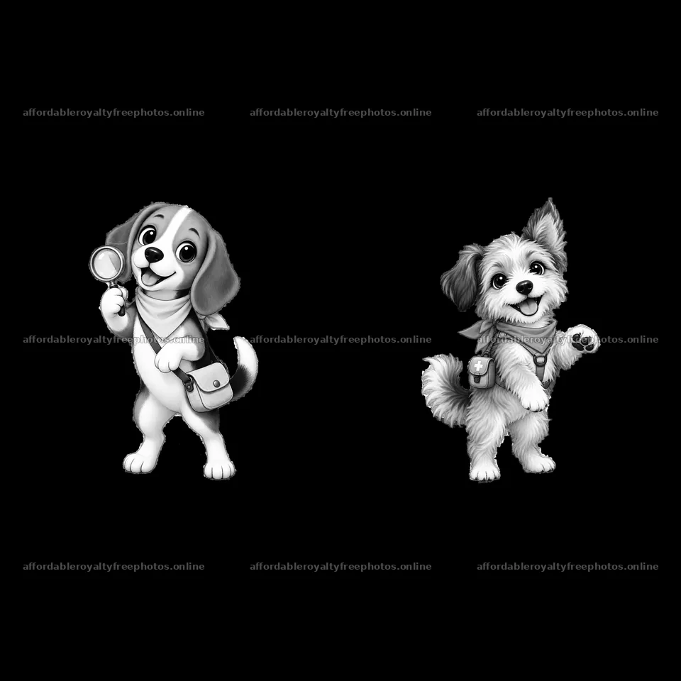 Cute K-9 dogs with accessories in monochrome illustration – royalty-free photos 7746x7746