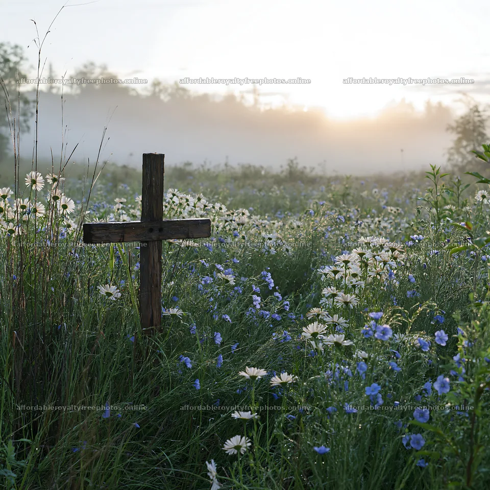 Christian cross in meadow with wildflowers at sunrise – royalty-free photos 7938x7938