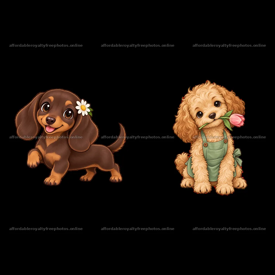 Cute dogs playing with flowers and smiling together – royalty-free photos 7746x7746