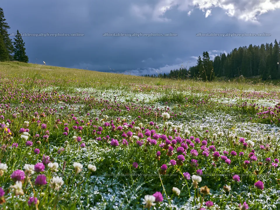 Clover meadow covered in dew under cloudy sky – royalty-free photos 9174x6866