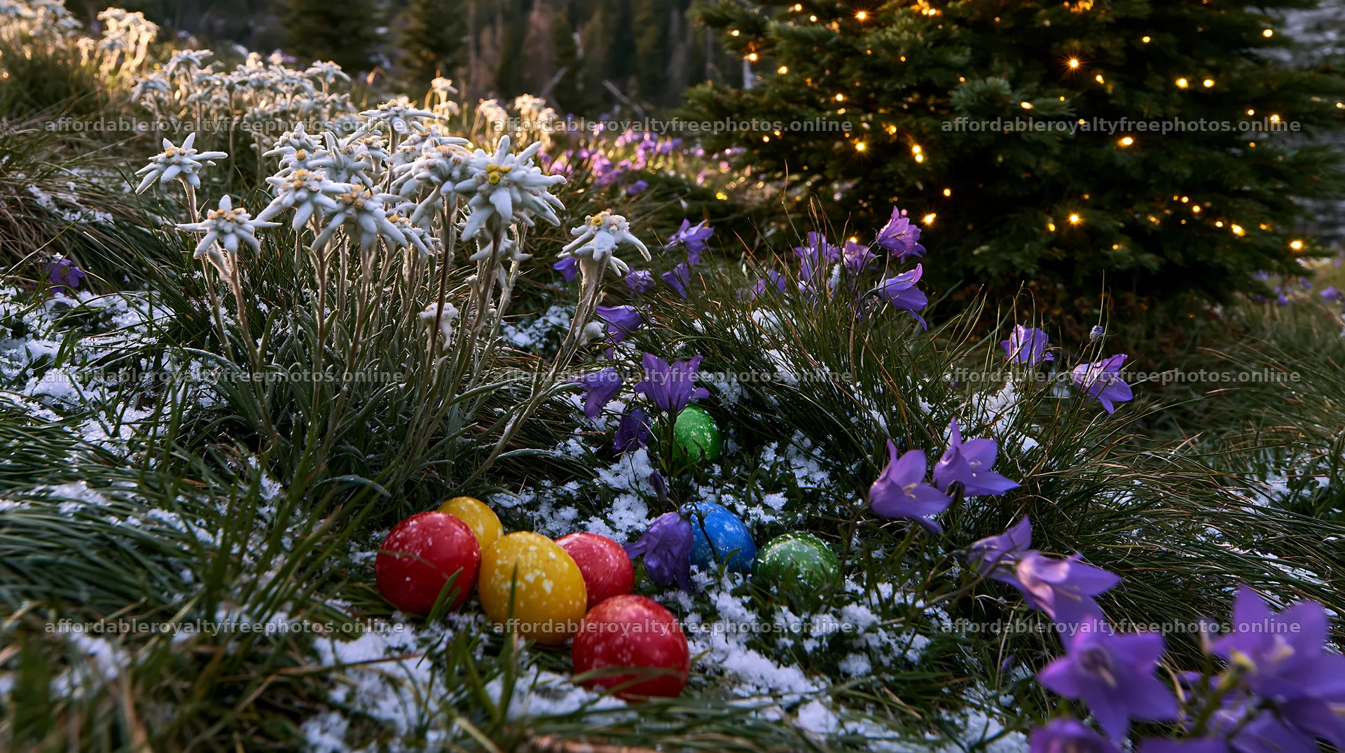 Christmas tree in mountain meadow with snow and flowers – royalty-free photos 10608x5938