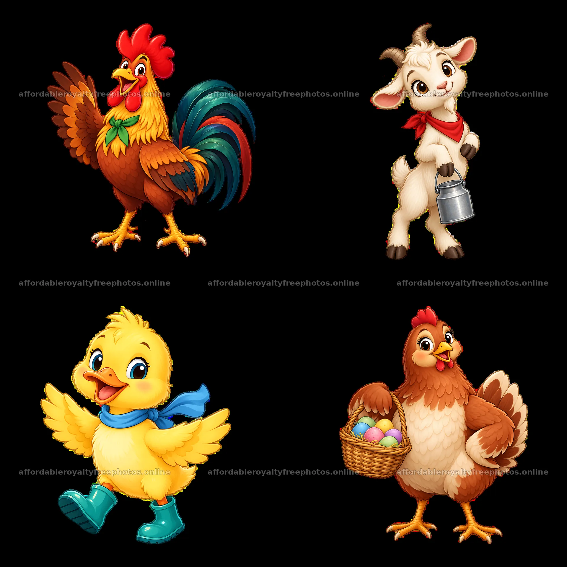 Farm animals in a 2x2 arrangement with colorful – royalty-free photos 7746x7746