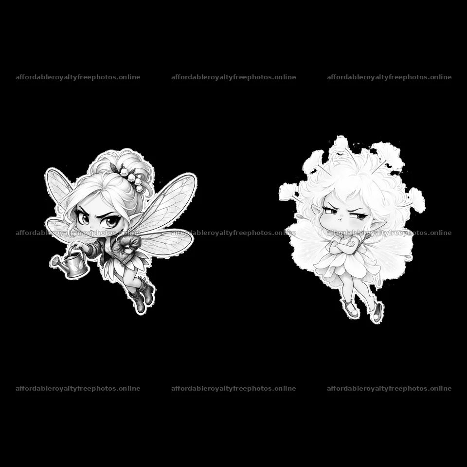 Kawaii grumpy fairy with watering can and angry fairy in – royalty-free photos 7746x7746