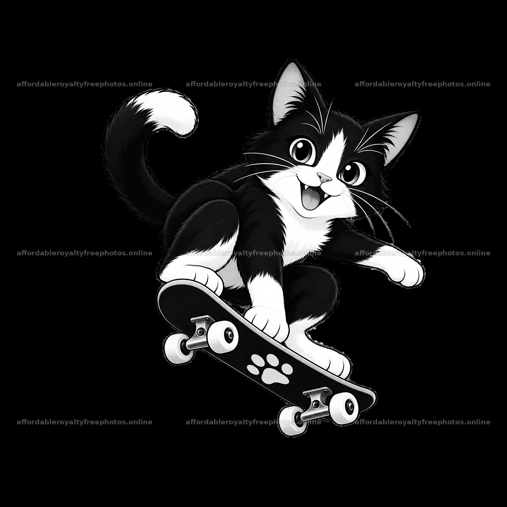 Cat skating on a skateboard in a playful pose – royalty-free photos 7746x7746