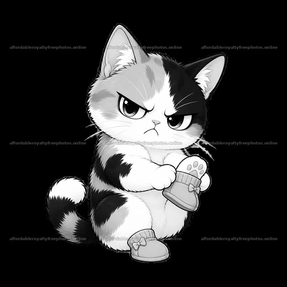 Kawaii grumpy cat holding slippers with an annoyed – royalty-free photos 7746x7746