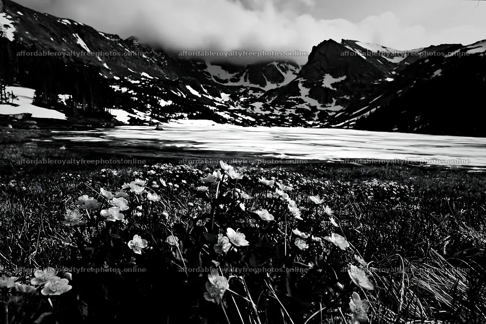 Frozen tarn meadow with yellow flowers in the foreground – royalty-free photos 9722x6480