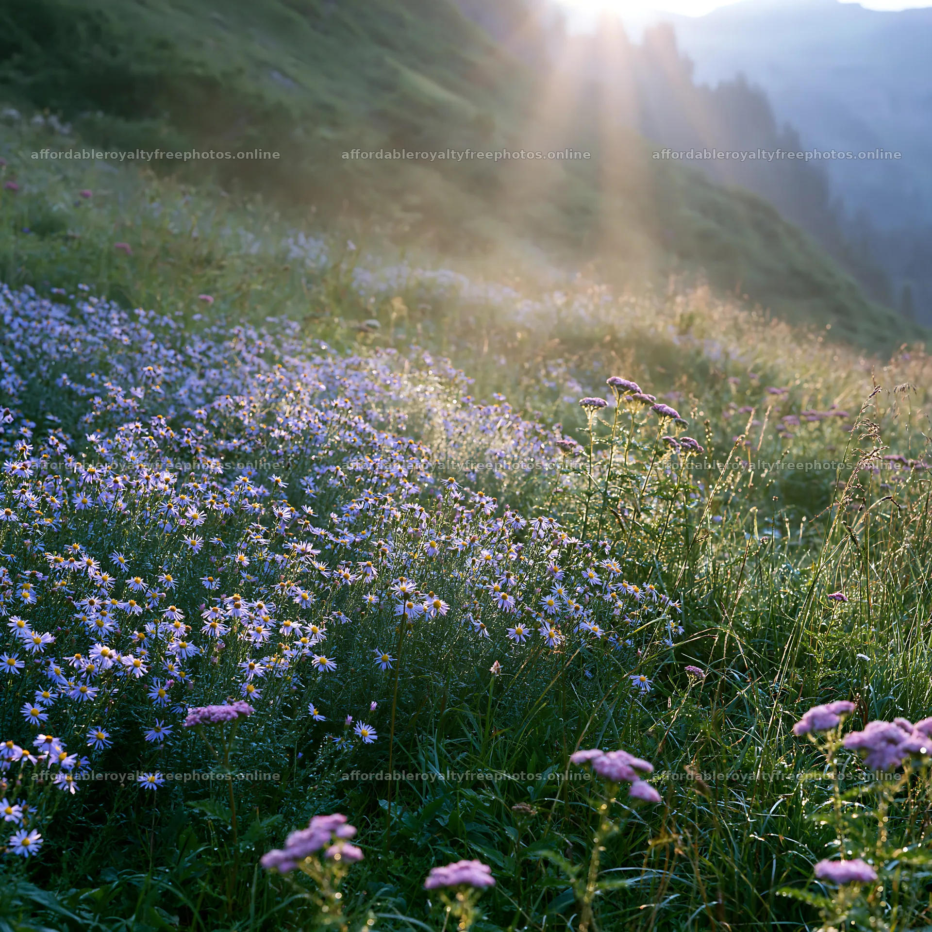 Light rays over Lauterbrunnen Valley meadow with flowers – royalty-free photos 7938x7938