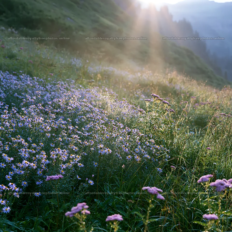 Light rays over Lauterbrunnen Valley meadow with flowers – royalty-free photos 7938x7938