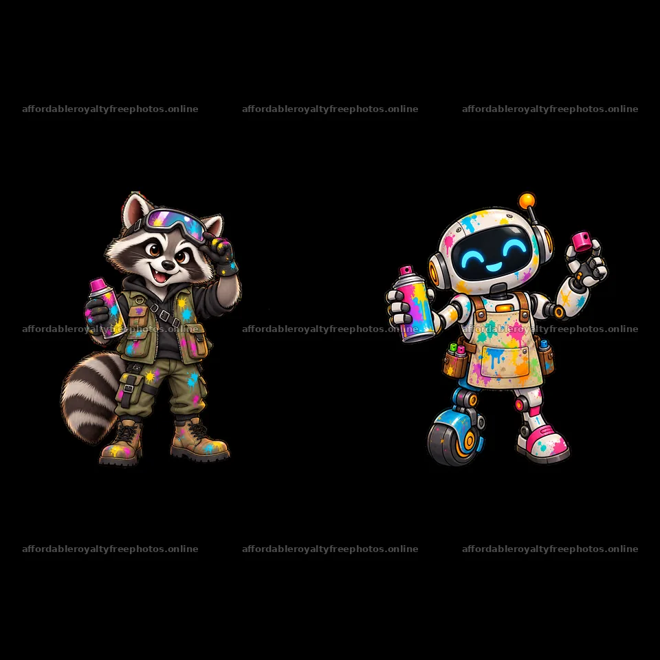 Graffiti sprayer raccoon and robot holding spray paint – royalty-free photos 7746x7746