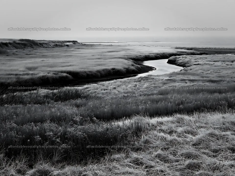 Frosty coastal meadow with a winding stream at dawn – royalty-free photos 9174x6866