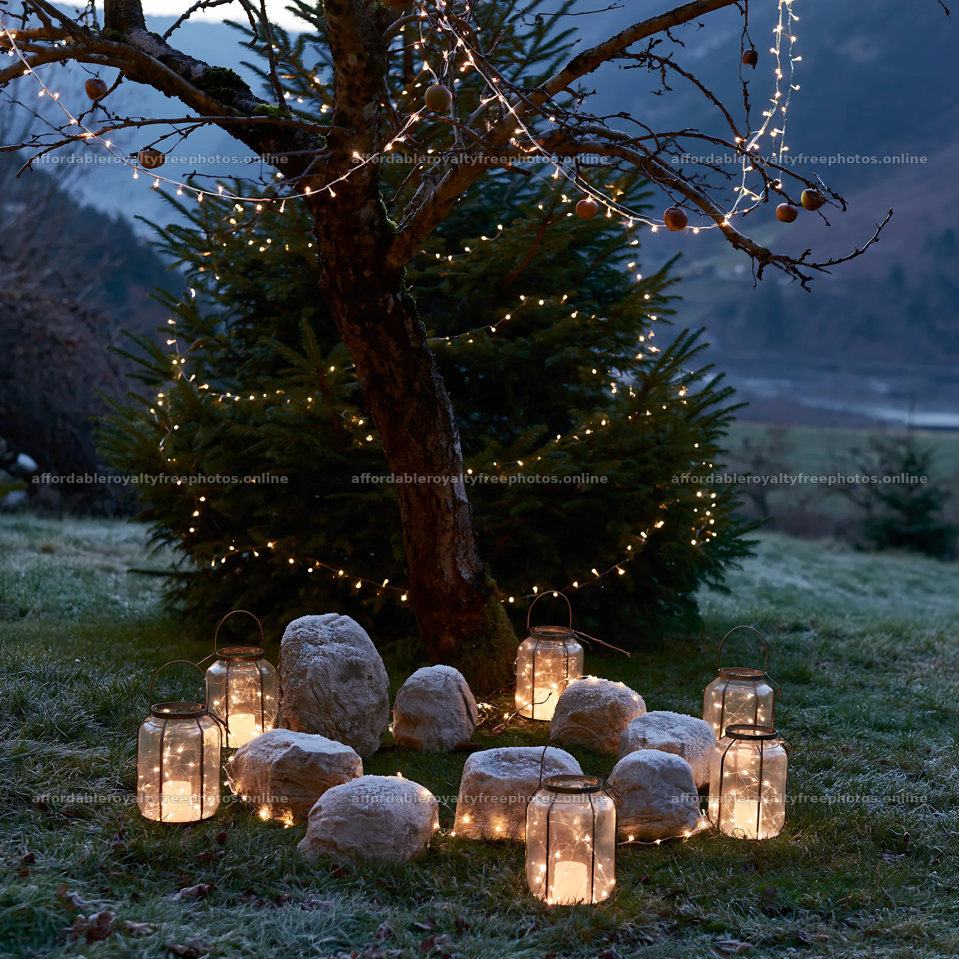 Christmas apple tree meadow with lanterns and frosted – royalty-free photos 7938x7938