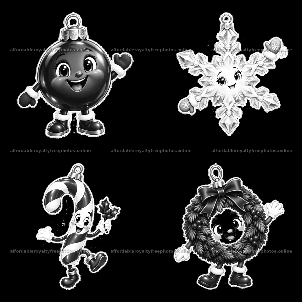 Cartoon Christmas ornaments with happy characters in black and white – royalty-free photos 7746x7746