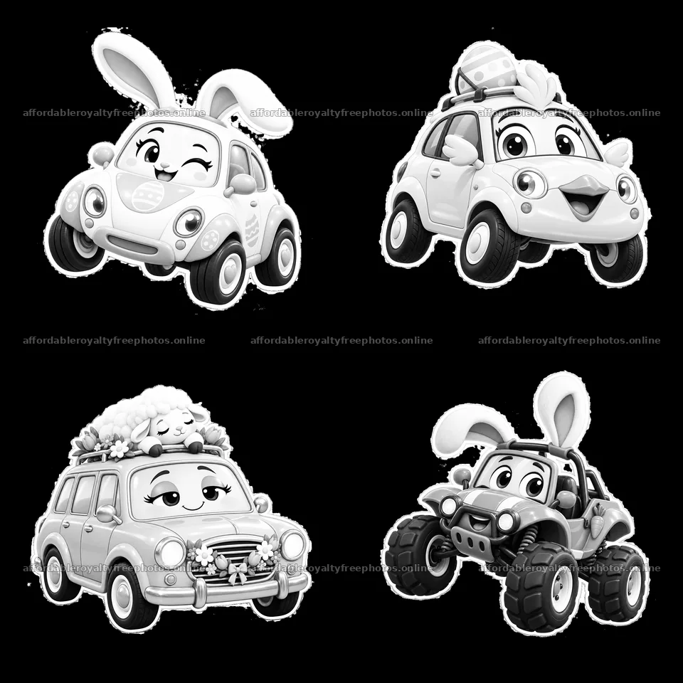 Easter-themed cartoon car stickers in a playful 2x2 – royalty-free photos 7746x7746